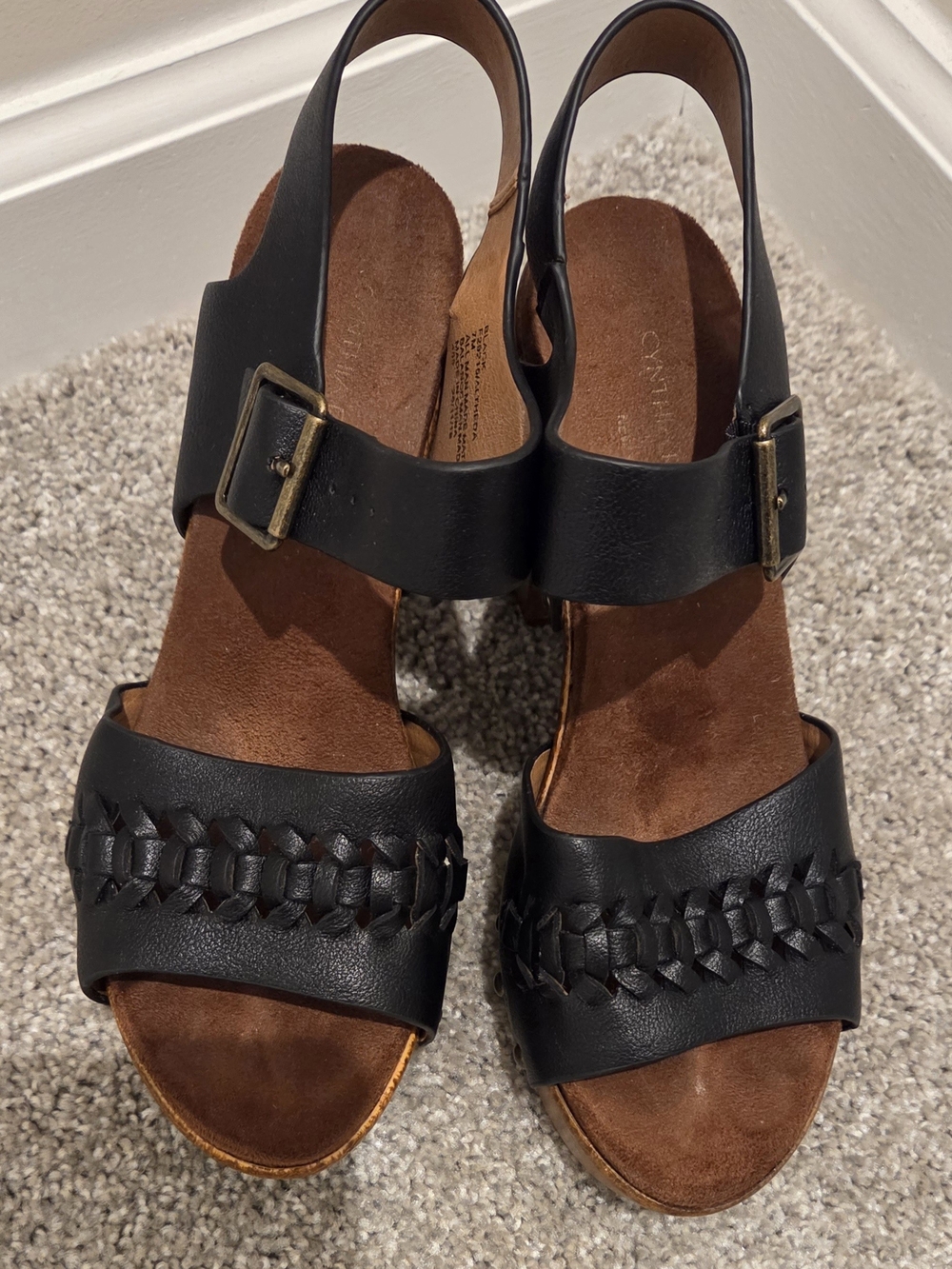 Cynthia Rowley Black Leather Platform Sandals with Wood Block Heel - Picture 3 of 5